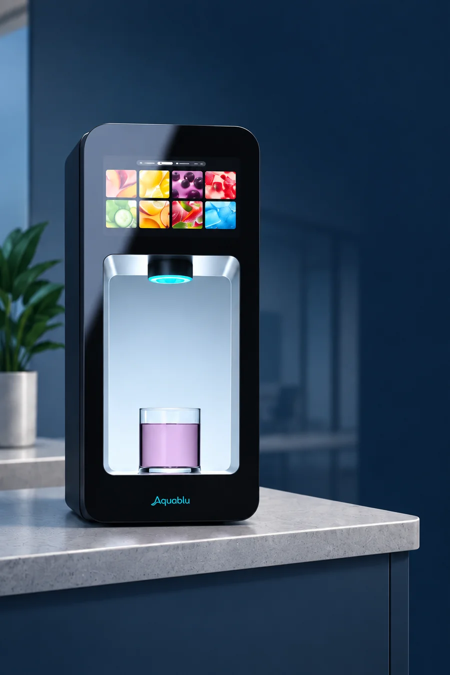 Aquablu REFILL+ Series 2 in an AI-composited workplace scene