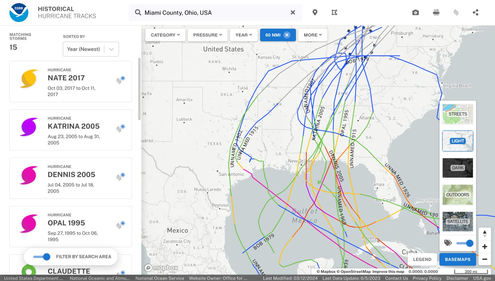 Historical hurricane tracks plotted on a map of the United States.